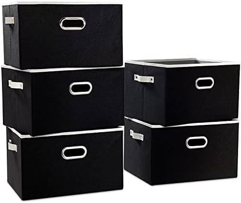 PRANDOM Larger Collapsible Storage Bins for Closet [5-pack] Decorative Linen Fabric Storage Baskets Cubes with Leather/Metal Handles for Living Room Black (17.3x12.2x10.4 Inch) by Prandom