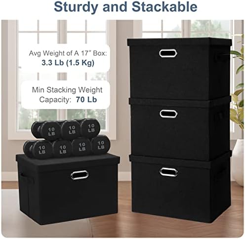 Graciadeco Large 17" 36 Quart Collapsible Stackable Storage Bins with Lids, 5 Packs Black Linen Fabric Closet Boxes with Lids, Storage Cube Baskets Container Organizers for Bedroom Office(17 x12 x11) - Image 4