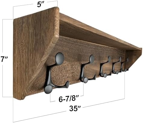 SKOLOO Wall Shelf with Hooks, 35-Inch Weathered Brown Wall Mounted Coat Rack with Shelf Organizer - Lightweight & Sturdy​​, 5 Tri Hooks - Perfect for Entryway, Hallway, Living Room, Bedroom, Mudroom - Image 2