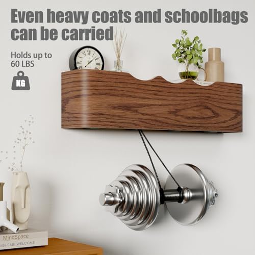 Coat Rack Wall Mount with Shelf 4 Hidden Hooks Modern Wooden Key Holder Entryway Organizer for Hallway Bedroom Bathroom Home Decor Storage for Hanging Coats Hats Bags Towels, Wave-Shape Walnut - Image 4