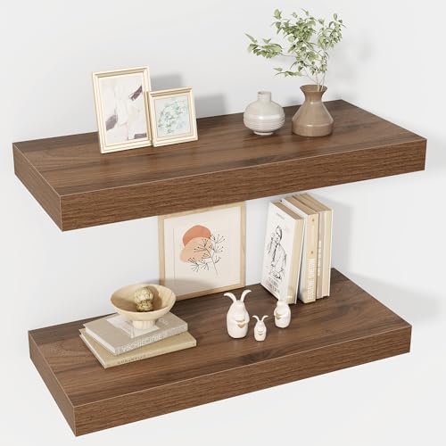 Acovy 24 Inch Floating Shelves, 12" Deep Floating Shelf Wall Mounted, 24" Wall Shelves, Rustic Deep Bookshelf, Extra Deeper & Thicker Display Shelves for Bedroom, Living Room, Walnut, Set of 2 by Acovy