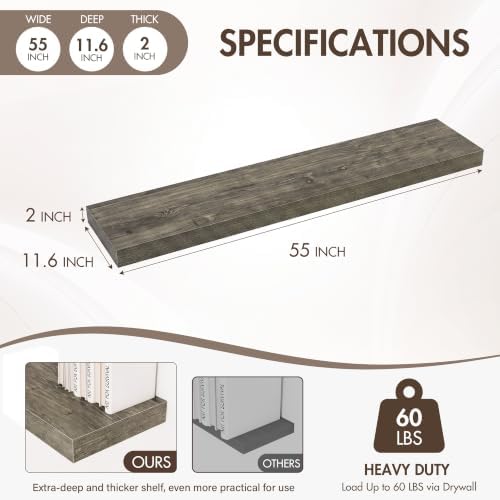 Acovy 55 Inch Floating Shelves, 12" Deep Floating Shelf Wall Mounted, 55" Wall Shelves, Rustic Deep Bookshelf, Extra Deeper & Thicker Display Shelves for Bedroom, Living Room, Set of 2 - Image 3