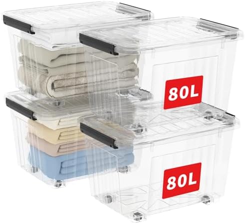 Cetomo 85Qt*4 Plastic Storage Bins, Storage Box, 4 Pack, Organizing Container with Wheels, Durable Lids and Secure Latching Buckles, Stackable and Nestable, Clear with Black Buckle by Cetomo