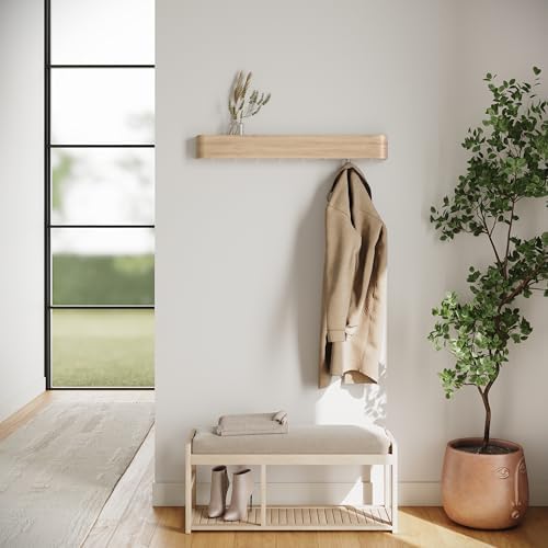 Kazai. Wall-Mounted Coat Rack 'Toke' - Modern Design Coat Rack with Hidden Wall Hooks - Solid Wood Veneer Panel Coat Hanger - Oak, White - Image 6