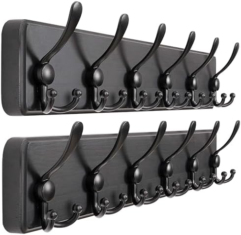 Dseap Coat Rack Wall Mounted - 24" Long 6 Tri Hooks, Heavy Duty Wooden Wall Coat Hanger Coat Hook for Clothes Hat Jacket Clothing, Black, Pack of 2 by Dseap