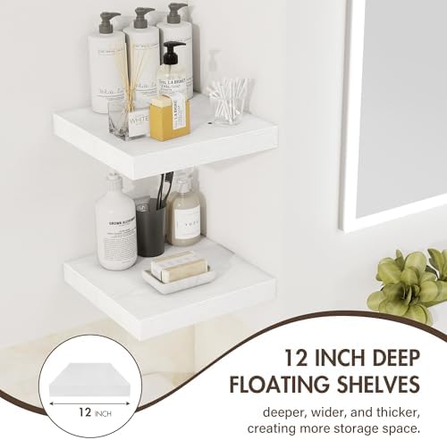 Acovy 12 Inch Floating Shelves, 12" Deep Floating Shelf Wall Mounted, 12" Wall Shelves, Rustic Deep Bookshelf, Extra Deeper Display Shelves & Storage Shelves for Bedroom, Living Room, Set of 3 - Image 5