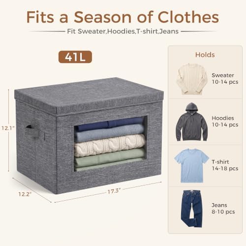 4-Pack Large Storage Bins with Lids & Clear Window, Foldable Fabric Closet Organizer Boxes, Stackable Cube Baskets with Soft Handles for Clothes & Blankets, 17”, Grey - Image 2