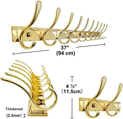 SKOLOO Coat Rack Wall Mounted - 10 Hooks, Pack of 2, Heavy Duty, Stainless Steel, Metal Wall Hangers, Sturdy Coat Hooks for Hanging Coats, Jacket, Clothes, Hat, Bright Gold - Image 5
