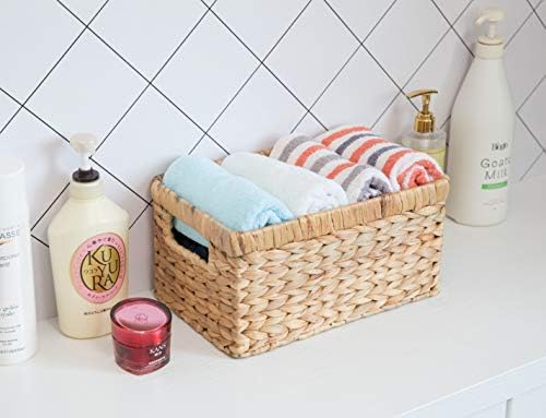 Natural Woven Water Hyacinth Rectangular Wicker Basket with Handles, Small Storage Bin Organizer, 12 Inch Shallow Basket Tray - Image 2