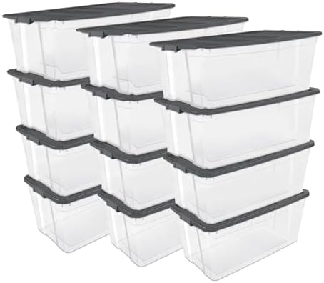 Sterilite 12-Pack Modular Stacker Box, Durable Clear Plastic Storage Bins with Latching Lids, 200 Quart - Stackable Organizing Container Boxes for Closet, Bathroom, and Office by Sterilite