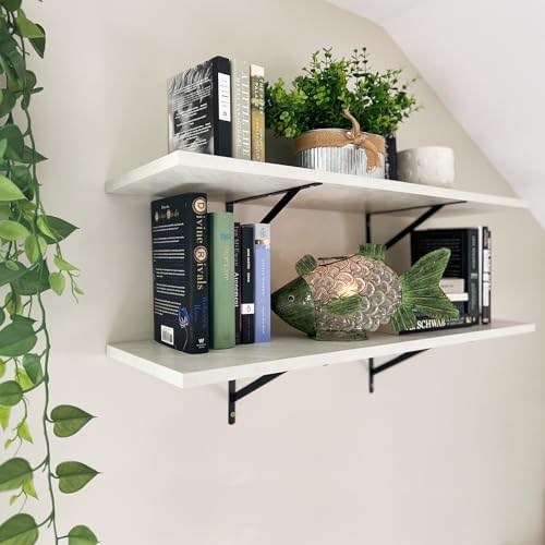 Kaboon 27 inch Long 10 inch Deep Floating Shelves for Wall Set of 2, Large Open Shelves Wall Mounted, Space Saving Home and Commercial Use, Sea Salt/Greyish White - Image 2