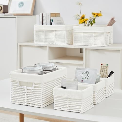 Vagusicc Wicker Storage Basket, 6 Pack Baskets for Organizing, Wicker Baskets with Handle, Rectangular Wicke Basket for Storage Shelves, Cube Storage Bins for Closet/Clothes/Dresser, White - Image 4