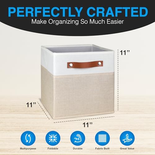 11 Inch Cube Storage Bin - 6 Pack - Linen Fabric 11x11 Cube Storage Bins for Bedroom, Living Room, Clothes and Toys; Foldable, Dual Leather Handles - Image 3
