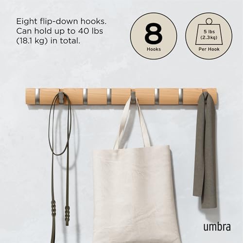 Umbra Flip Coat Rack, Wall Mount 8-Hook, Space Saving, Natural/Nickel - Image 5