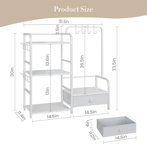 Purse Organizer for Closet, with Bottom Drawer, Extra Large Capacity 3 Tier Handbag Storage Rack for Women, 10 Purse Hanger and Hooks for Bag Organizer, Floor-Standing, Home, Living Room (White) - Image 2