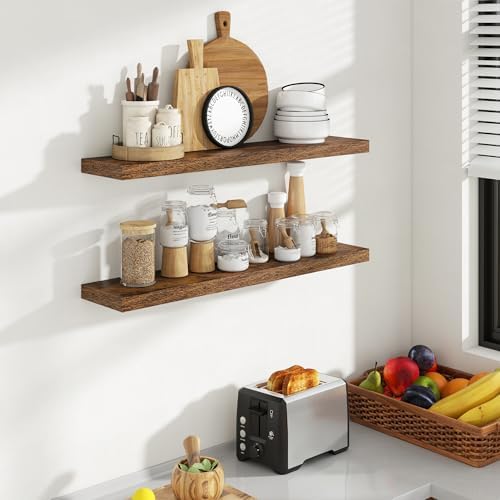 Acovy 36 Inch Floating Shelves, 8 Inch Deep Floating Shelves for Wall, Hanging Shelf with Invisible Brackets, Deep Shelves for Bathroom, Bedroom, Living Room, Brown, Set of 2 - Image 2