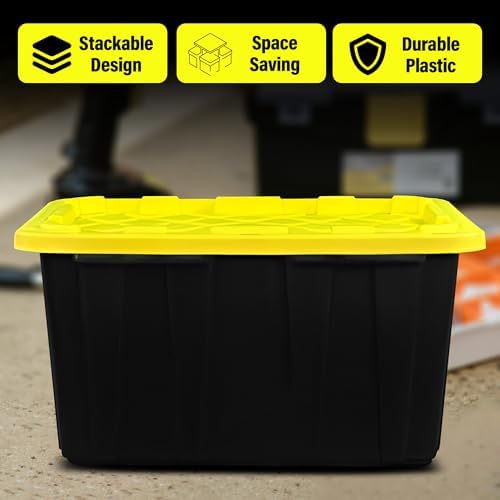 BLACK & YELLOW 27-Gallon Storage Bin with Snap-on Lid, Heavy Duty Plastic Storage Bins with Lid, Stackable, 2 Pack - Image 4