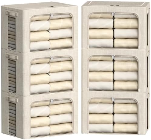 FHSQX 6 Pack Clothes Storage Bins with Metal Frame Foldable Storage Bins for Clothes Linen Fabric Storage Box with Clear Window (Beige, 19.7x15.7x13inch(66L)) by FHSQX
