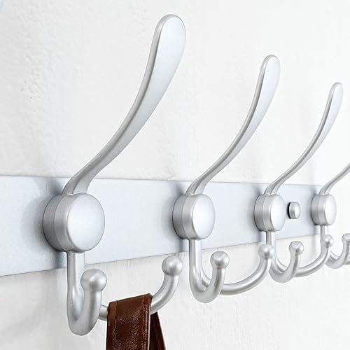 Dseap Coat Rack Wall Mount - 29.5” Long 8-Tri-Hooks Heavy Duty Coat Hanger Rail Wall Hooks for Hanging Coats Hats Clothing Clothes Purse Mudroom Entryway, Silver - Image 2