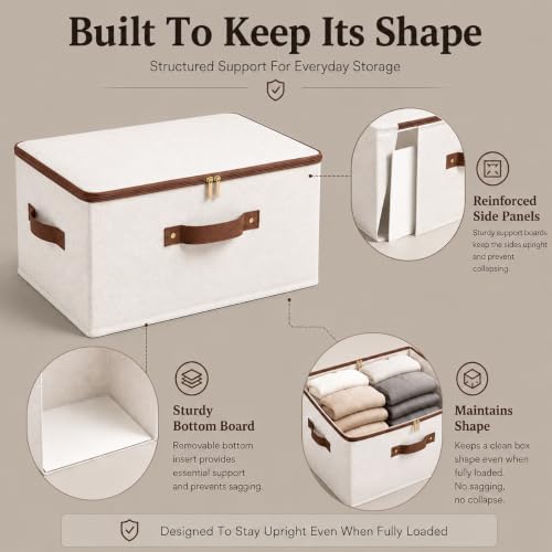 Tuza 3 Pcs Rigid Storage Bins with Zipper Lid, Cotton Linen Fabric Storage Boxes, Foldable Shelves Clothes Storage Cubes with Handles for Wardrobe, Closet(Beige, 42L) - Image 4