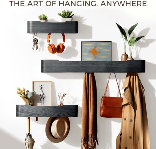 Coat Rack Wall Mount with Shelf Entryway Shelf Modern Key Holder Hanger Wall Shelves with Hidden Hooks for Hanging Towels Coats Hats Bags for Hallway Bathroom Bedroom (Black, 5 Hooks) - Image 3
