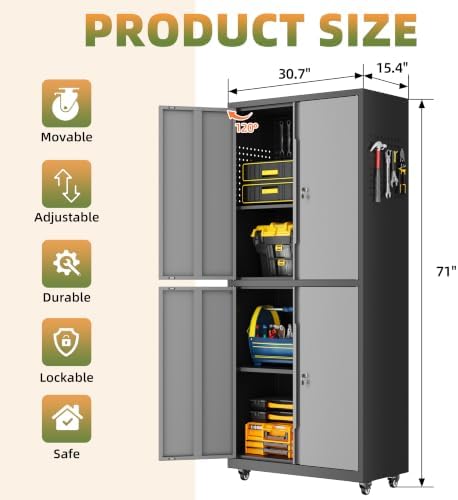 71''H Garage Storage Cabinet with Wheels, Meatl Storage Cabinet with Lock - Image 3