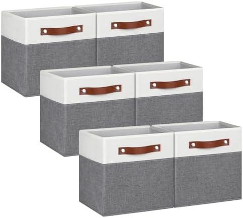 13x13 Storage Cubes - 6 Pack - Linen Fabric 13 Inch Cube Storage Bins for Bedroom, Living Room, Clothes and Toys; Foldable, Dual Leather Handles by Pomatree
