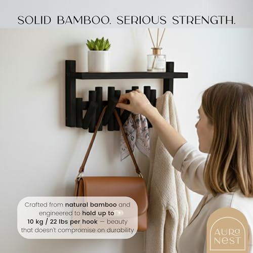 Bamboo Wall Mounted Coat Rack with Shelf Flip Down Wooden Hooks for Entryway Hallway Bedroom | Matte Black Piano Hanger, 5 Hooks, Space Saving Organizer - Image 2