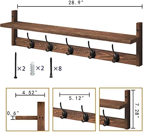 BAMEOS Wall Mounted Coat Rack with Adjustable Easy Install, Rust Proof, Brown Wooden Material, 28.9 Inch Length - Image 6