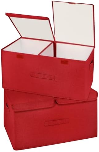 2 Pack Storage Boxes with Lids and Handles, Collapsible Linen Storage Bins Organizer Containers Baskets Cube with Removable Divider for Home Bedroom Closet Office (Red, Large) by Unknown