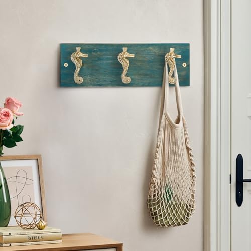 Coastal Wall Mounted Coat Rack with 3 Polished Brass Seahorse Hooks for Hanging, Distressed Hook Rail for Hat & Coats, Nautical Beach Themed Organizer for Entryway & Bathroom - Image 4