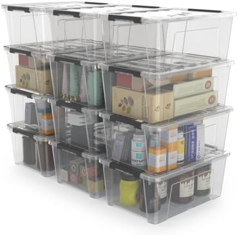 WYT 12 Pack Small 5-Quart Clear Plastic Storage Bins with Lids and Latch Buckles, Storage Organizer Container with Handle by WYT