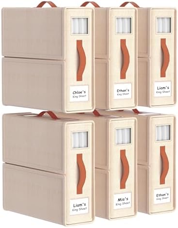 Bed Sheet Organizers, Foldable Linen Closet Storage, 6 Pack, Beige by JOYMEEZO