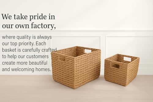 14" and 11" Handwoven Water Hyacinth Storage Baskets with Handles, Set of 2 – Natural Square Woven Organizer Bins for Shelves, Closet, or Living Room Décor - Image 4