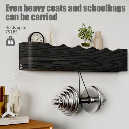 Coat Rack Wall Mount with Shelf 5 Hidden Hooks Modern Wooden Key Holder Entryway Organizer for Hallway Bedroom Bathroom Home Decor Storage for Hanging Coats Hats Bags Towels, Wave-Shape Black - Image 4
