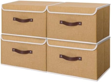 ANMINY Fabric Storage Box Bins with Lids, Khaki, 13"x9"x7.9", 4 Pack by ANMINY