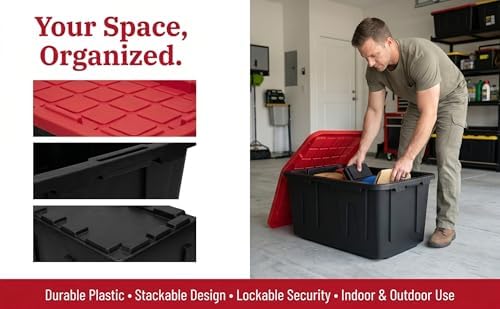 6-Pack 27 Gallon Heavy Duty Storage Bins Durable Polypropylene Plastic with Snap Lock Lids Stackable Large Capacity Organizers Garage Basement Multi-Purpose Storage Containers Black and Red - Image 6