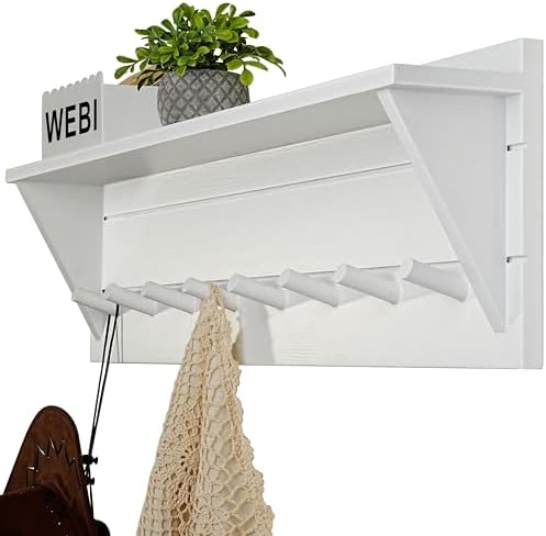 WEBI Coat Rack Wall Mount with Shelf,8 Peg Hooks,34" Long Entryway Wall Shelf with Hooks Underneath for Hanging Coats,Caps,Jacket,Clothes,White by WEBI