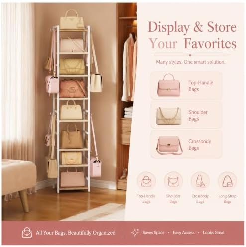 8-Tier Narrow Purse Organizer for Closet, Tall Vertical Purse Rack for Small Spaces, Corner Handbag Storage Display Shelf with Adjustable Fabric Shelves & 8 Hooks for Small & Medium Tote Bags, Bedroom - Image 5