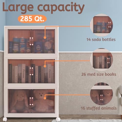 95 QT (285 QT Total) Stackable Storage Bins with Doors – 3 Tier Plastic Cabinet with Doors – Magnetic closure Foldable Storage Bins with Lids & Wheels –Collapsible Organizer with Leather Handles - Image 6