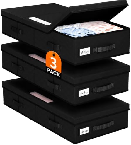 StoreHappily Under Bed Storage Containers with Lids, 3 Pack Foldable Black by StoreHappily