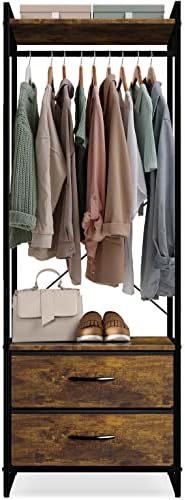 Sorbus Tall Clothing Rack with Drawers, Wood Top (Rustic) - Image 3
