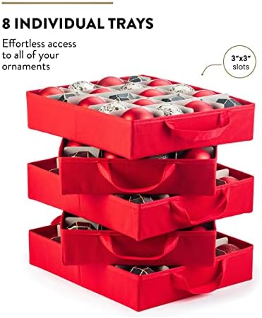 ZOBER Christmas Ornament Storage Box - Stores 200 3" Ornaments with Individual Trays - Tear Proof 600D Oxford Fabric - ornament organizer storage box (Red, 200-3" Ornaments) - Image 3