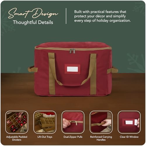 Covermates Keepsakes Adjustable Ornament Storage Bag – Heavy-Duty Polyester, Padded Dividers & FlexGrid Trays – Protective Holiday Ornament Organizer with Handles & Label Window, Red - Image 4