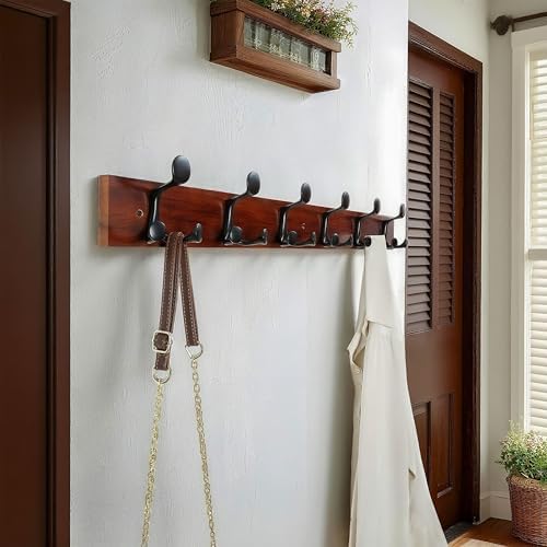 WEBI Coat Rack Wall Mount,36" Solid Wood Coat Hooks Wall Mounted Coat Hanger,16" Hole to Hole,Heavy Duty Hook Rack Rail,6 Triple Hooks for Hanging Coats,Jacket,Clothes,Hat,Backpack,Cherry - Image 2