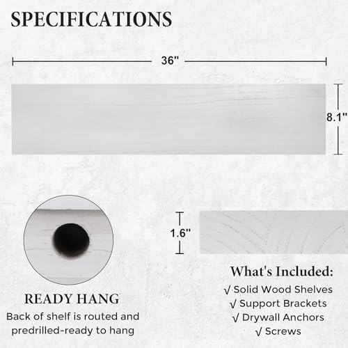 Axeman Floating Shelves, 8 Inch Deep Rustic Solid Wood Wall Shelves for Storage, Wall Mounted Display Shelving with Invisible Heavy-Duty Metal Bracket, 36" W x 8" D x 1.6" H, Distressed White - Image 3