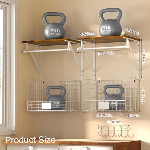 DAOUTIME 2 Set Laundry Room Wall Mounted Shelves With Wire Storage Baskets, Over Washer and Dryer With Hanging Rods and Hooks, for Organization and Storage, White, Wooden - Image 3
