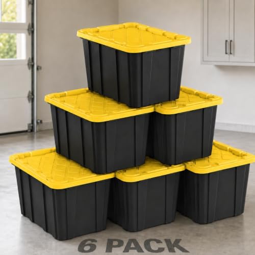 6-Pack 27 Gallon Storage Totes with Lids, Stackable Black & Yellow Bins - Image 5