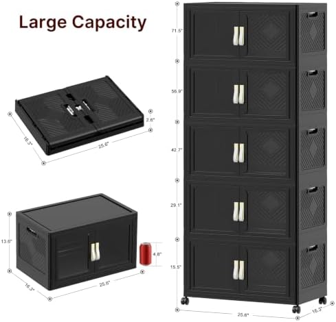 UAMFURI Stackable Storage Bins with Lids, Clear Doors, Large Storage Cabinet Foldable Collapsible Closet Organizers for Bedroom Dorm Office (5, Black, 120, Quarts) - Image 2