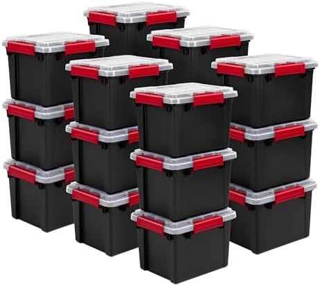 Sterilite 18 Pack 5 Gallon Gasket Box, Stackable Plastic Storage Container with Lids, Black - Waterproof and Dustproof Tote for Home Organization by Sterilite